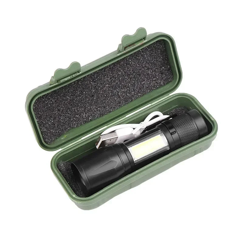 Mini LED Flashlight with Pen Clip Zoomable USB Rechargeable Portable Torch with Side Lights Outdoor Camping Emergency Lantern