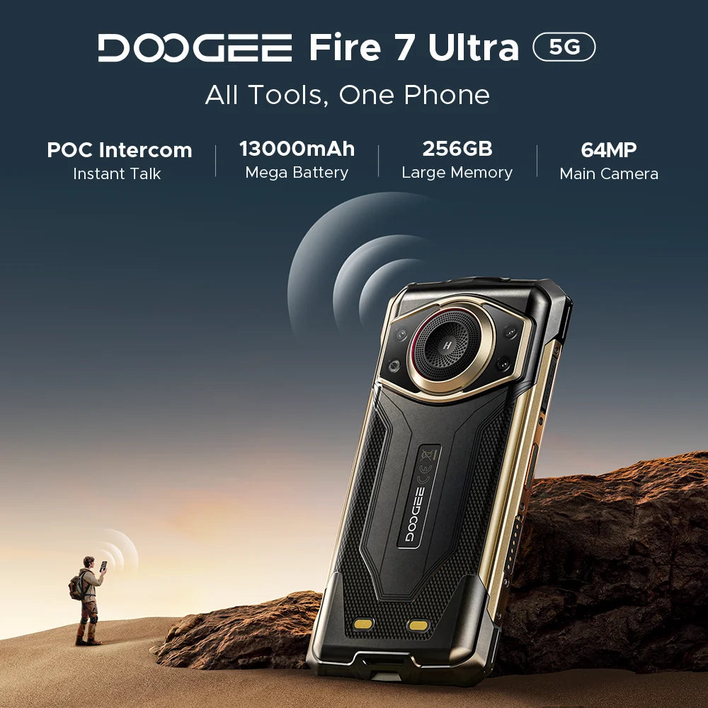 Global Version DOOGEE Fire 7 Ultra 5G Rugged Phone 32GB 256GB 13000mAh Battery Dimensity 6300 125dB Speake POC Walkie Talkie NFC