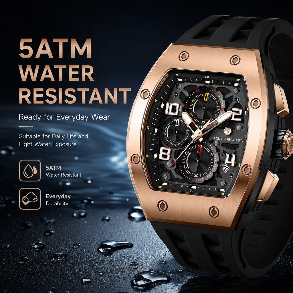 TSAR BOMBA Men's Luxury Quartz Watch, Sapphire Crystal, Chronograph, 5ATM Water Resistant, Rose Gold Business Fashion Wristwatch