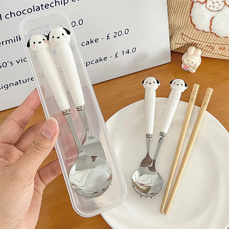 Children Cartoon Animals Cutlery Stainless Steel Spoon Fork Set Portable Outdoor Lunch Tableware with Box Kitchen Accessories