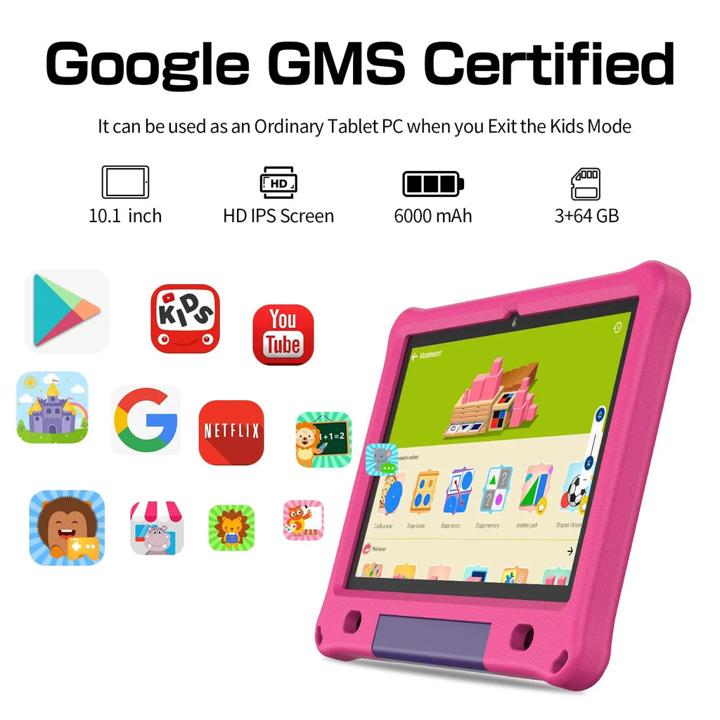 Pritom 10.1 Inch Kids Tablet Android 15 WIFI 6 Quad Core Processor 3GB RAM 64GB ROM YouTube with EVA Protective Case