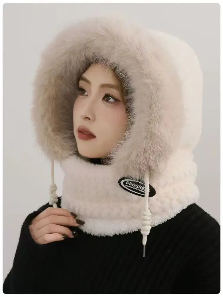 Autumn and Winter Women Thermal Plush Hat Hood Scarf and Mask Ear Protection Windproof Thick Design for Riding Outdoor