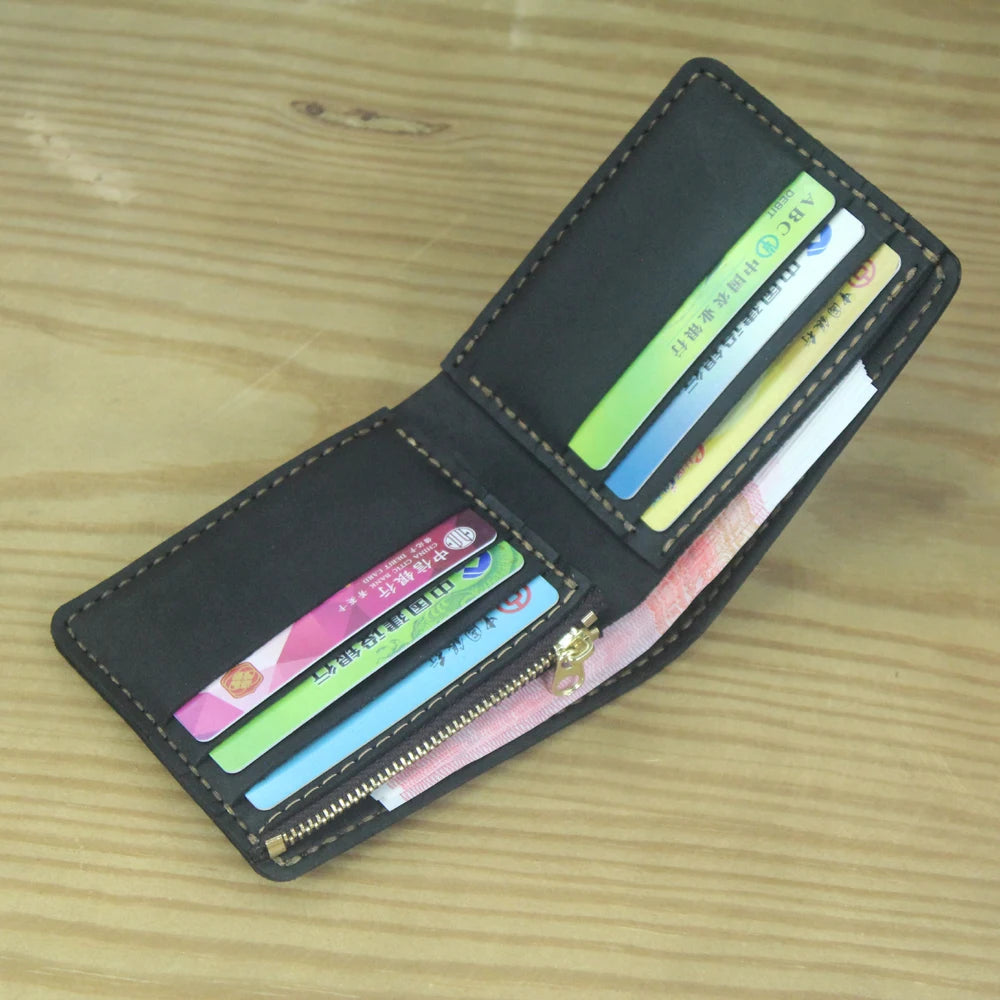 Luxury Handmade Genuine Leather Men Wallet Bifold Purse Male Wallets Short Money Clip Vintage Leather Money Bag with zip pocket