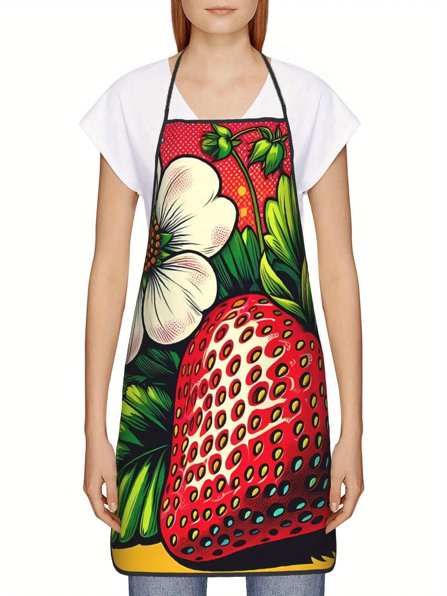Strawberry Pop Art Apron Bold Color Fruit Kitchen Cooking Baking Gift For Women Summer Chef Wear Graphic Illustration Design