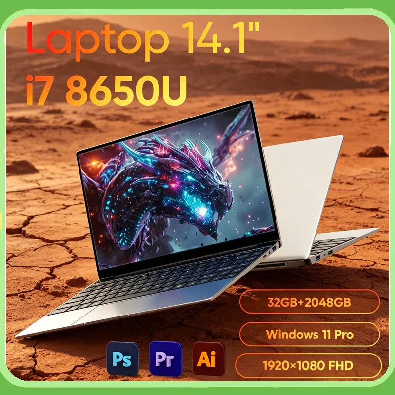 2026 New 14.1" Ultra Thin Laptop Intel i7-8650U/N3700 Win11 DDR4 16GB/32GB RAM 2TB SSD Portable Business Notebook