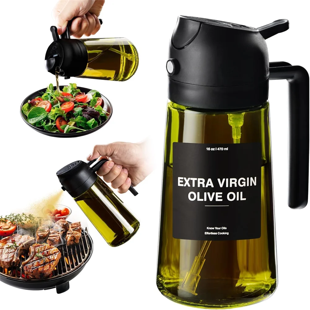 Olive Oil Dispenser,Sprayer for Cooking 2 in 1- Spray and Pour,Dark Green Glass Oil Bottlewith Stickers,16oz/470ml Oil Sprayer