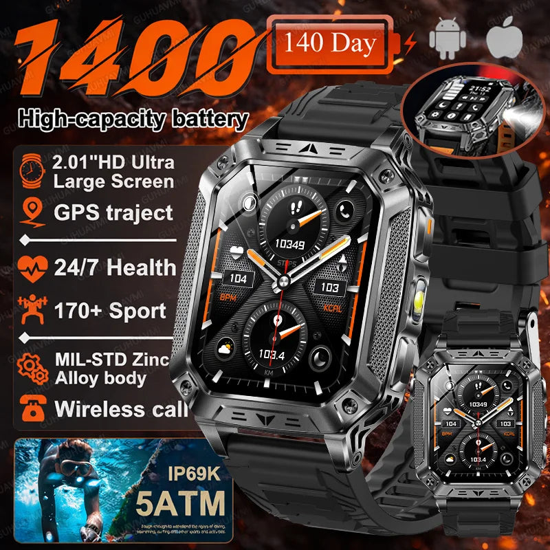 2026 Military 5ATM Waterproof Smart Watch Men 1400mAh Battery GPS Tracks 2.01" HD AMOLED Bluetooth call Sport Fitness Smartwatch