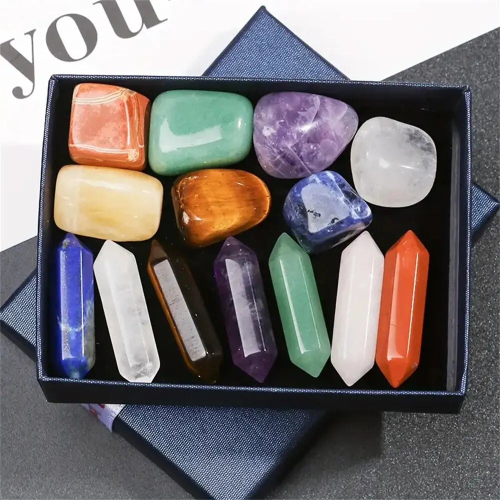 14pcs Natural Stone Chakra Crystal Column Set Color DIY Necklace Jewelry Display Decoration Suitable for Yoga Meditation Gifts