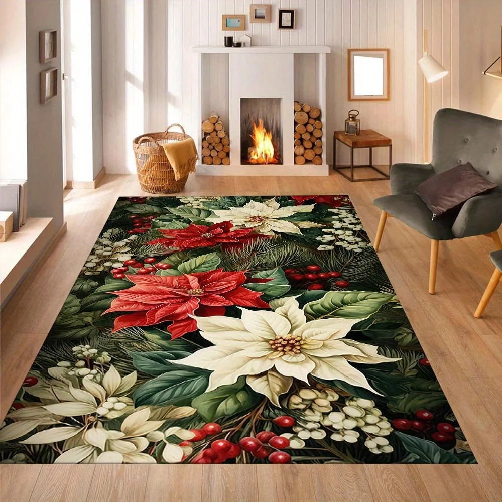1pc Poinsettia Christmas Decorative Area Mat  Crystal Velvet,  Thick, Large Size  Vibrant Red & White Flo