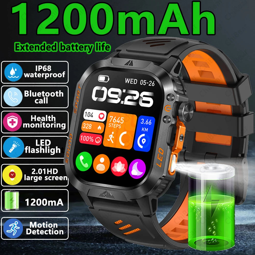2026 New Outdoor Military Smart Watch 1200mAh Battery GPS HD Call Health Monitoring 2.01-inch Waterproof Sports Smartwatch Men