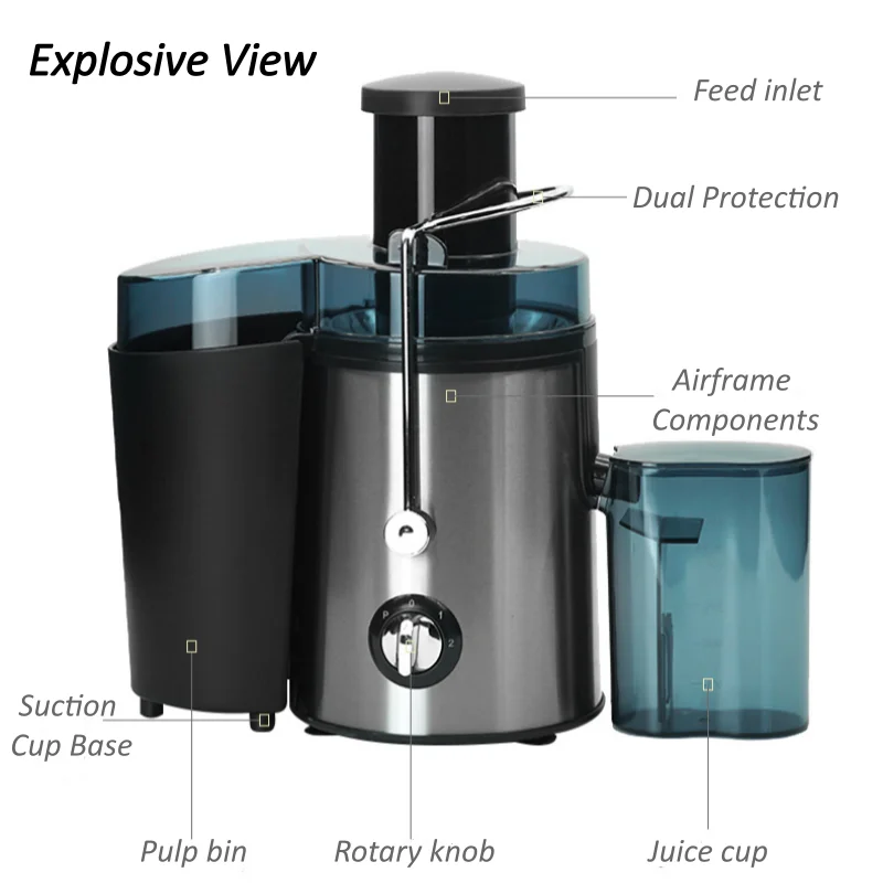 Stainless Steel Juicer Machine Fruit Vegetable Extractor 2 Speed Control Electric Juice Maker with 65mm Wide Feed Chute Easy Cleaning Detachable Parts for Home Kitchen Fresh Juice Orange Apple Carrot Celery