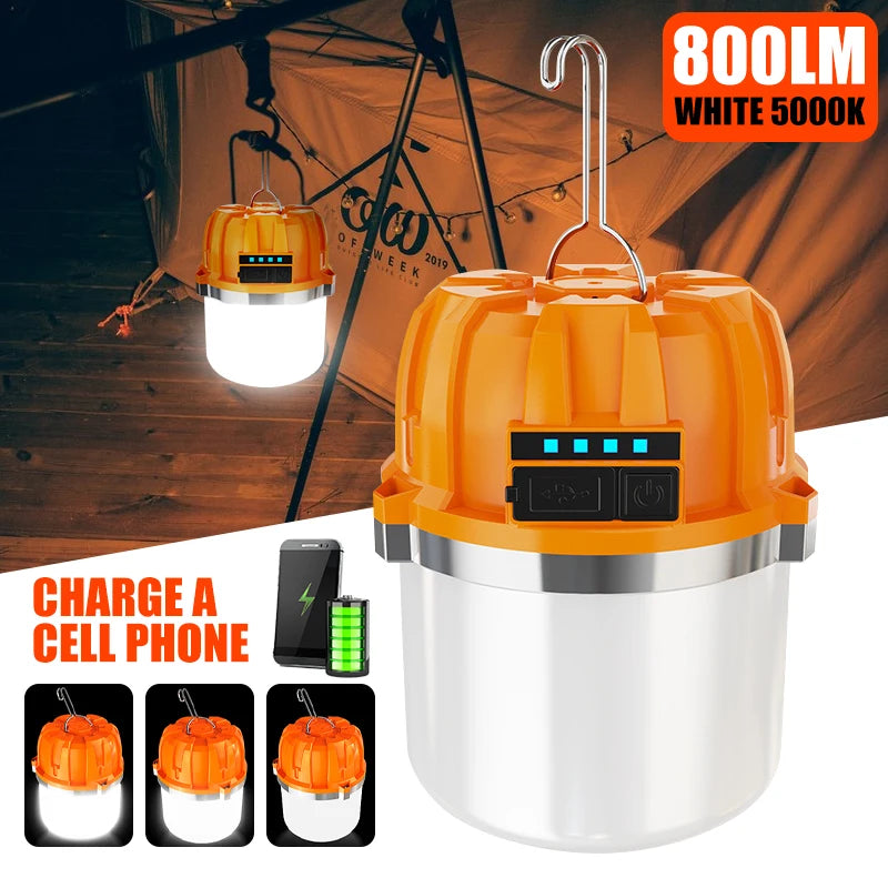 500W LED Camping Lantern USB Rechargeable Portable Lamp Bulb Flashlight with Power Display Emergency Light for Outdoors Fishing