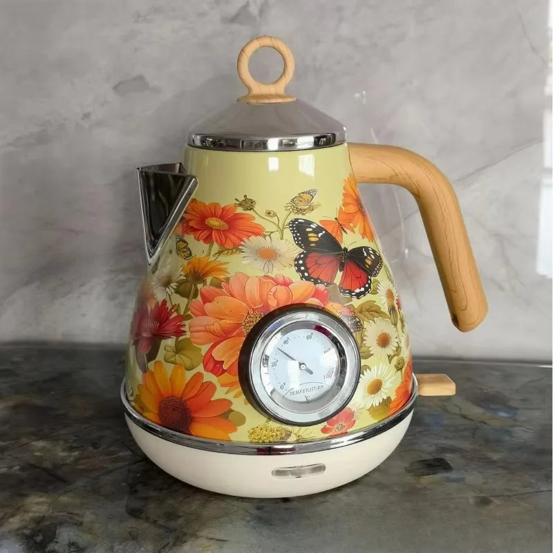 Automatic Power Off Retro Green Paint Decal Electrc Kettle Boiling Water with Thermometer 304stainless Steel 1850w 1.7L