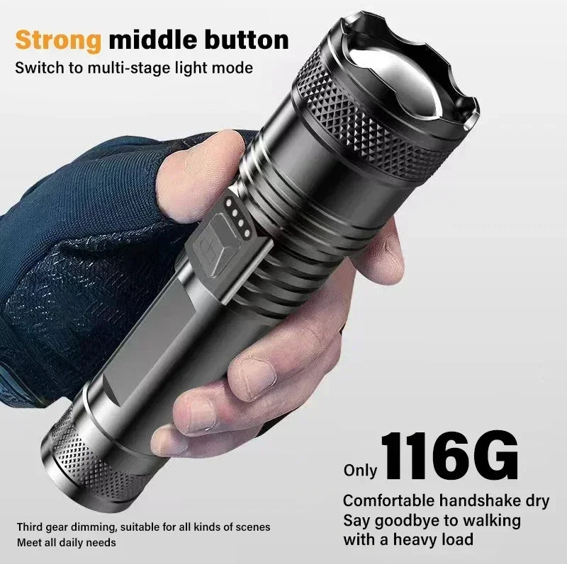 Tactical LED Flashlight 2000LM USB Rechargeable Waterproof Grade Zoom Torch Bright Portable Emergency Light for Camping Outdoor