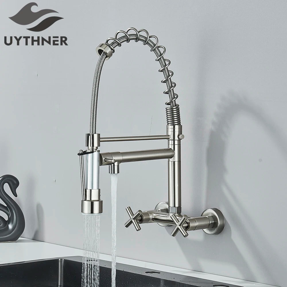 Gold Black Kitchen Faucet Wall Mount Pull Down Tap Vessel Sink Hot Cold Water Mixer Tap Spring Dual Swivel Spouts Sink Crane
