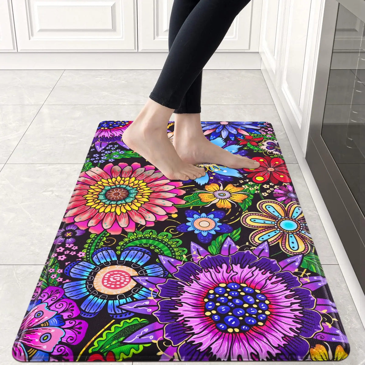 Boho Floral Kitchen Runner Rug, Non-Slip Washable Floor Mat with Colorful Flower Art Print for Kitchen, Bedroom, Bathroom Area