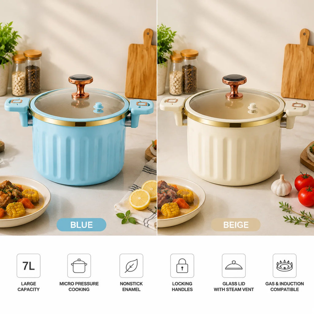 7L Enamel Casserole Pot with Glass Lid, Micro Pressure Cooking Pot with Locking Handles, Nonstick Stockpot for Soup, Stew, Pasta, Gas & Induction Hob