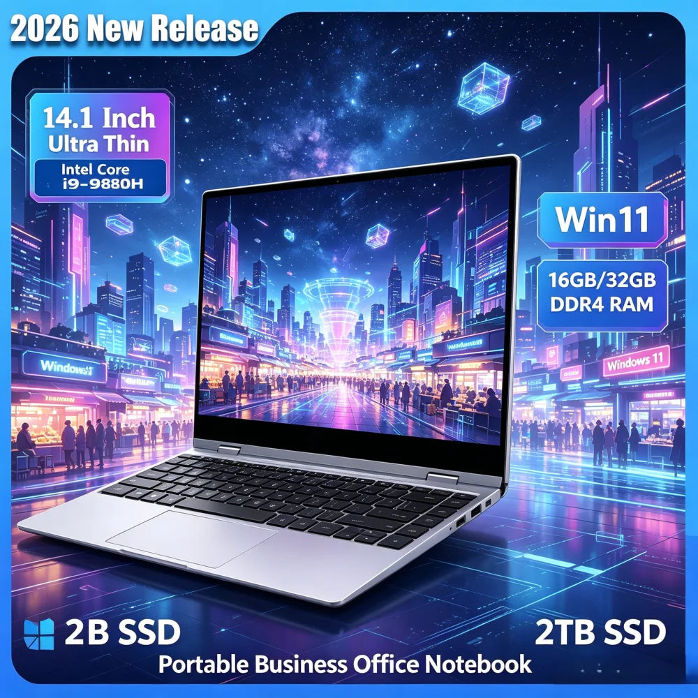 2026 New 14.1 Inch Ultra Thin Laptop Intel Core i9-9880H Win11 16GB/32GB DDR4 RAM 2TB SSD Portable Business Office Notebook