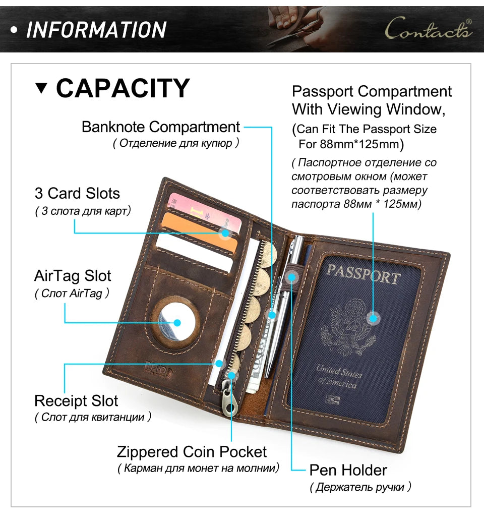 CONTACT'S Genuine Leather Passport Wallet Card Holder Coin Purse AirTag Slot Men Travel Wallet Women‘s Purse Passport Cover Bag