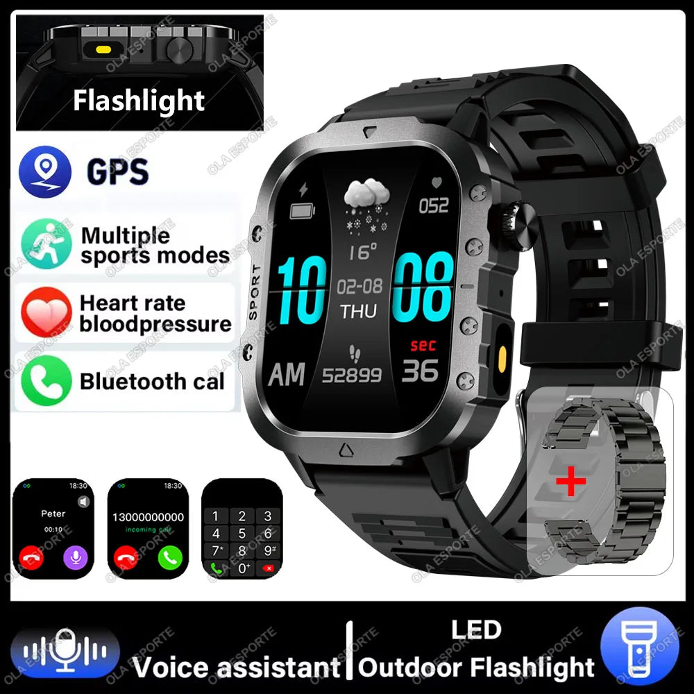 2026 New Military-grade Smart Watch Men GPS Flashlight 3ATM Waterproof Watch Bluetooth Call 100+Sport Outdoor Smartwatch Pk MA27