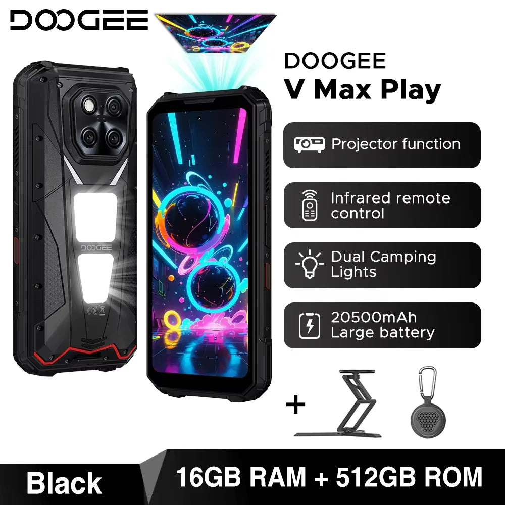 DOOGEE V Max Play 5G Rugged Phone Projector Function Dual Camping Lights 6.78'' Display 20500mAh Battery 16GB 512GB Smartphone