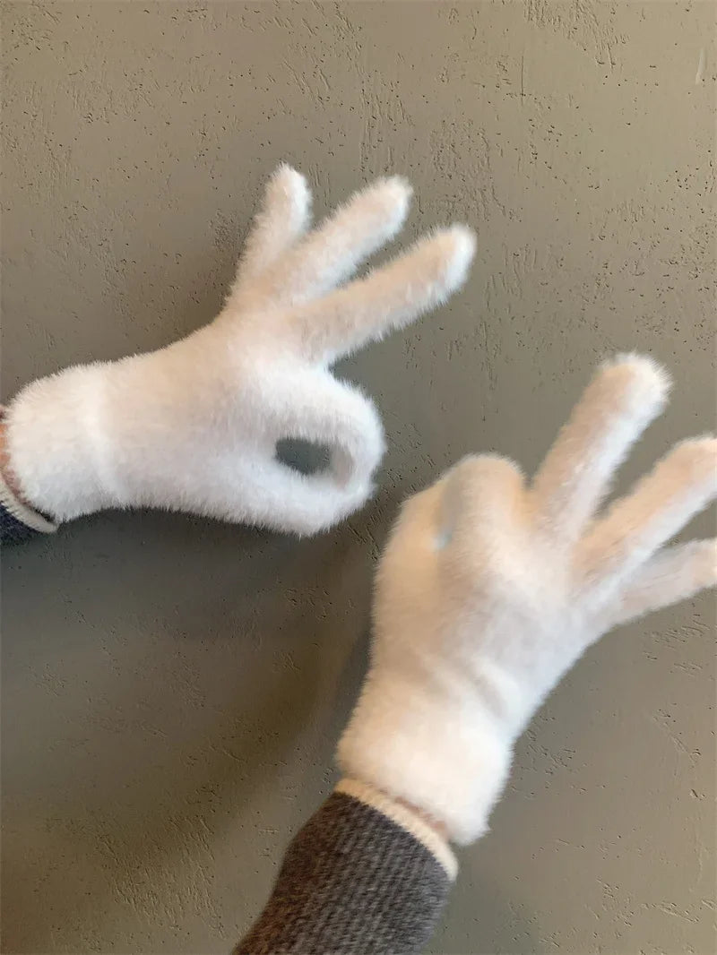 Fashion Winter Mink Velvet Five Finger Gloves Plush Warm Cold-proof Gloves Women Outdoors Cycling Solid Color Wistiti Mittens