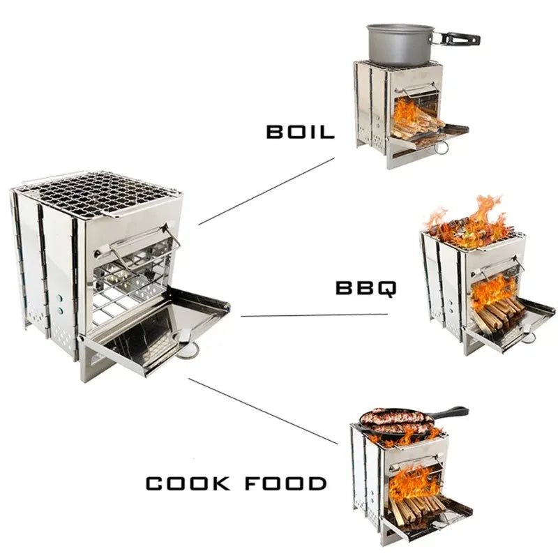 Square Wood Burning Camping Stove Outdoor Survival BBQ Mini Grill BBQ Outdoor Camping Firewood Folding BBQ Picnic Stove