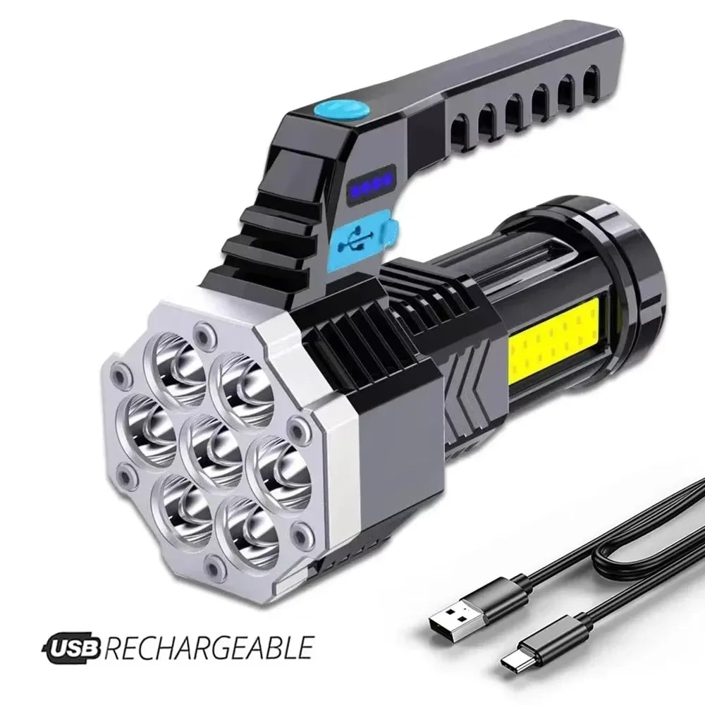 High Power Rechargeable Led Flashlights 7LED Camping Torch With Cob Side Light Lightweight Outdoor Lighting ABS Material