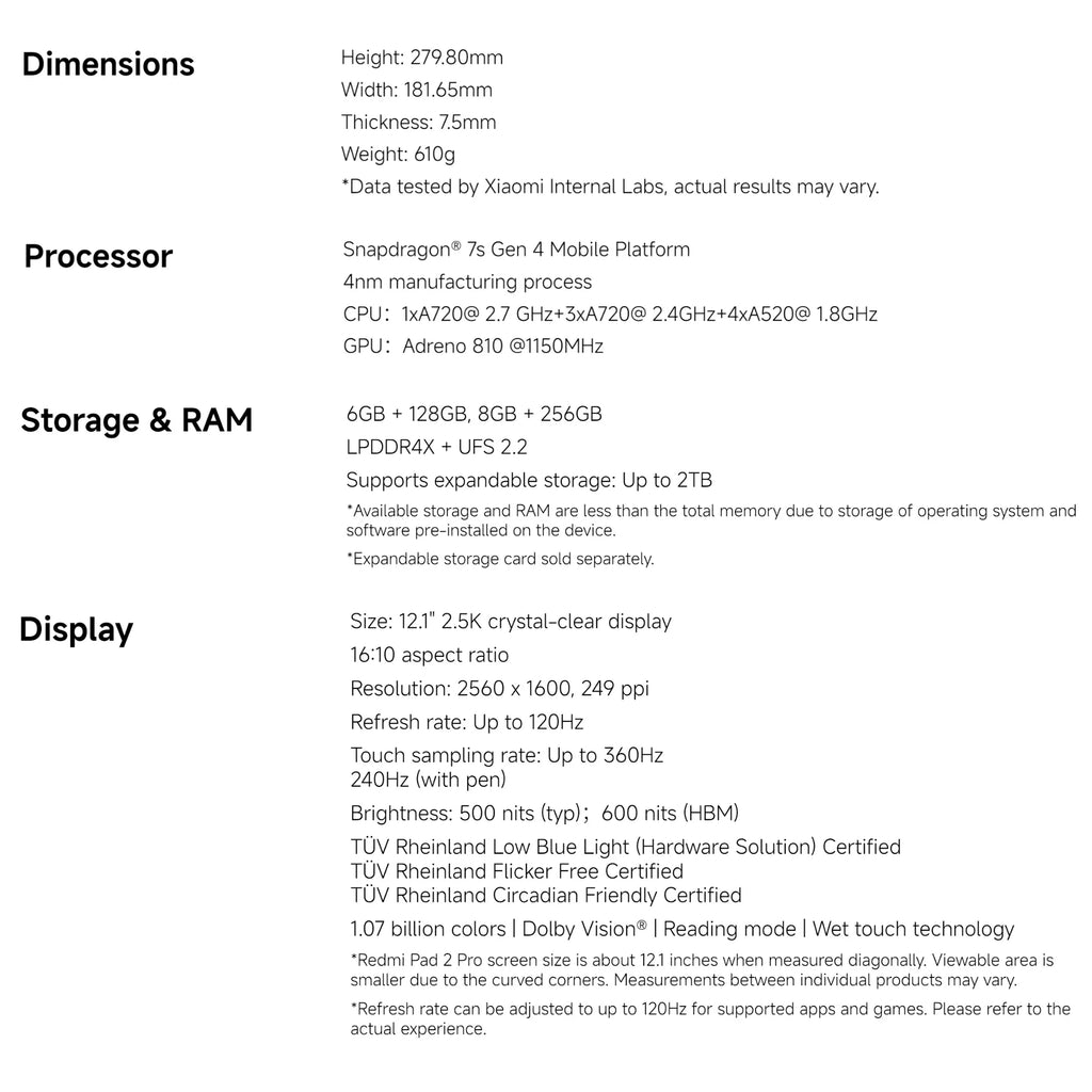 Xiaomi Redmi Pad 2 Pro 8+256GB WIFI 6 Global Version 12.1" 2.5K 120Hz  Display Snapdragon® 7s Gen 4 Mobile Platform 12000mAh 33W