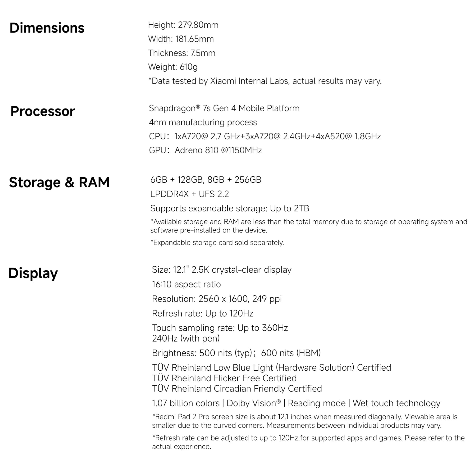 Xiaomi Redmi Pad 2 Pro 8+256GB WIFI 6 Global Version 12.1" 2.5K 120Hz  Display Snapdragon® 7s Gen 4 Mobile Platform 12000mAh 33W