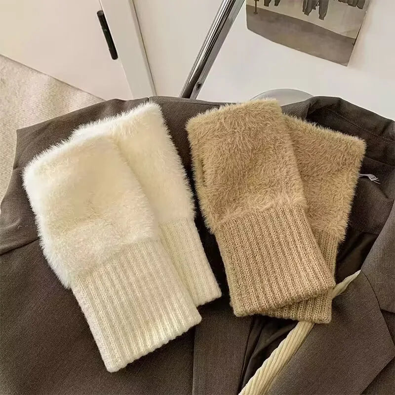 Women's Warm Plush Half-Finger Gloves for Autumn Winter Multi-Functional Cute Office Wear Cold-Resistant Fingerless Mittens