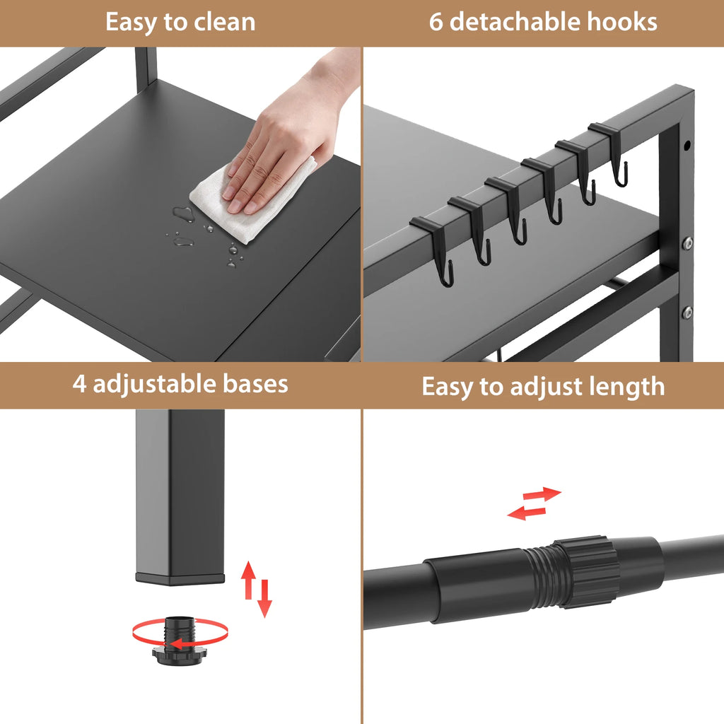 Expandable Microwave Rack, 2 Tier Microwave Rack with 6 Hooks, Microwave Rack, Baking Rack, Kitchen Countertop Organiser