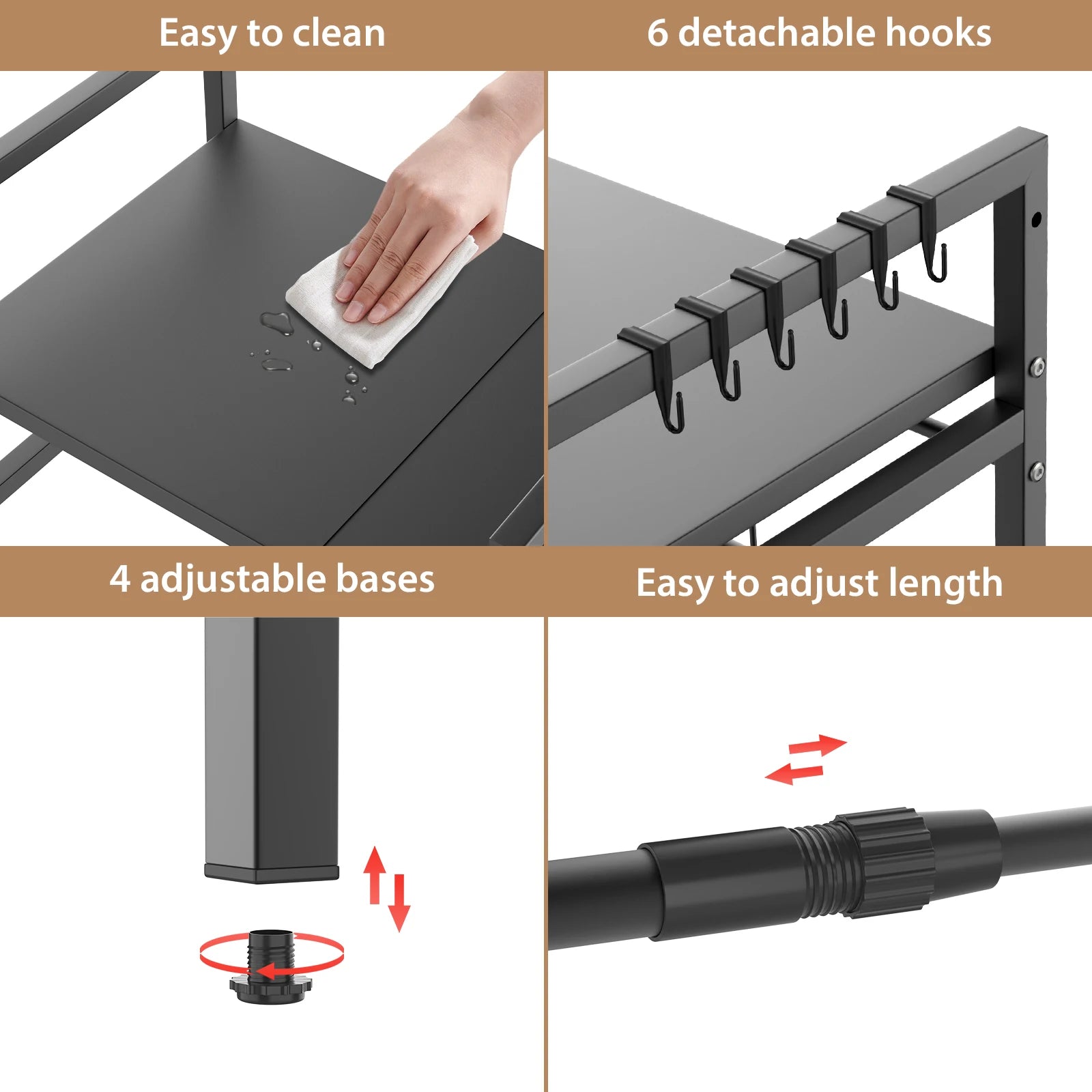 Expandable Microwave Rack, 2 Tier Microwave Rack with 6 Hooks, Microwave Rack, Baking Rack, Kitchen Countertop Organiser