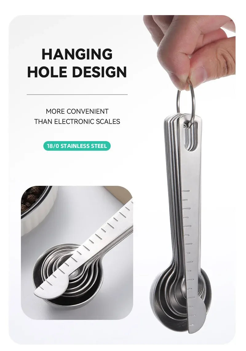 Stainless Steel Measuring Spoon 4/6/7/8 Pcs Set with Scale Measuring Ruler Spoons Coffee Baking Measuring Kitchen Tool Set