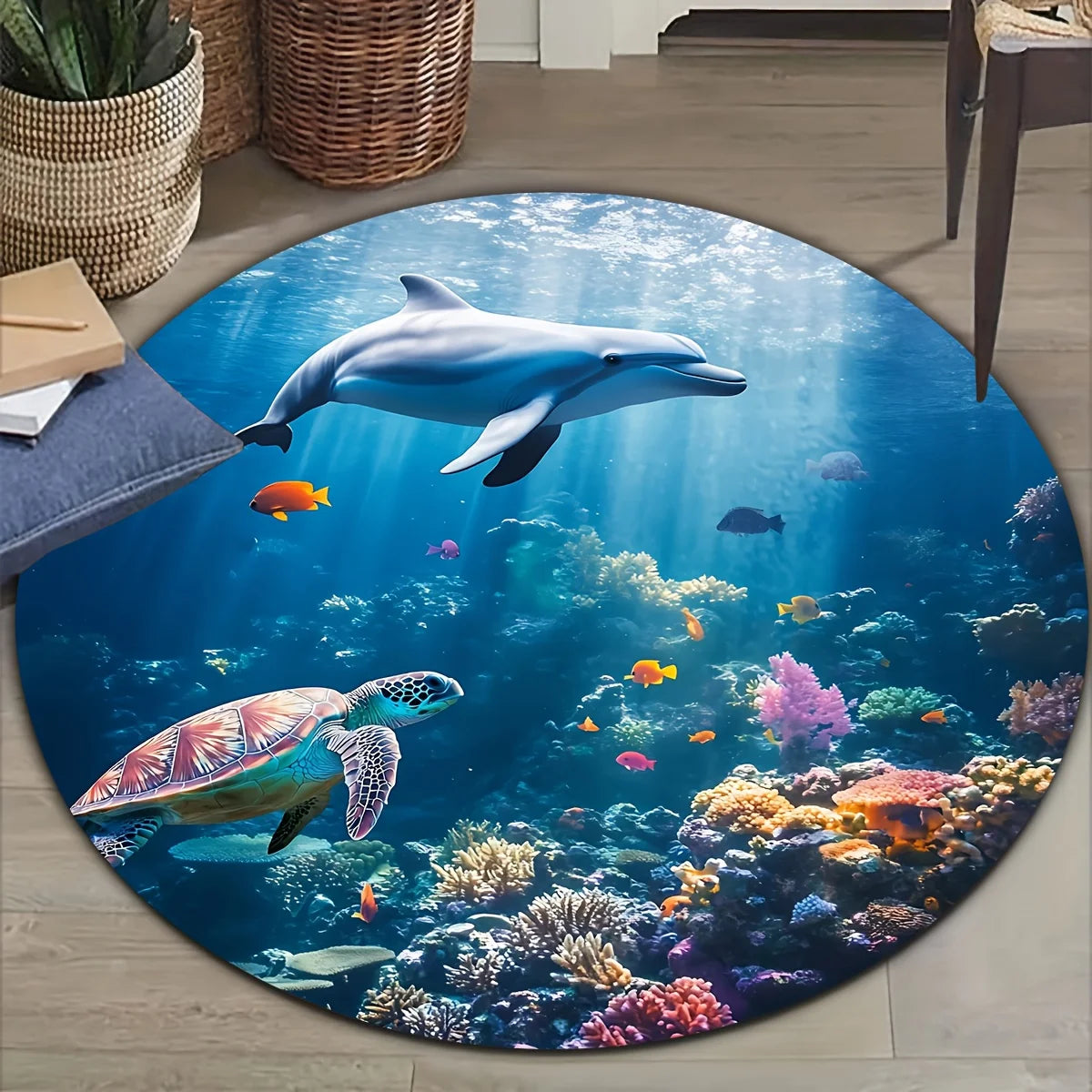 Underwater Ocean Round Rug Flannel Printed Carpet Sea Life Design Home Decor Cozy Soft Floor Mat Living Room Indoor Use