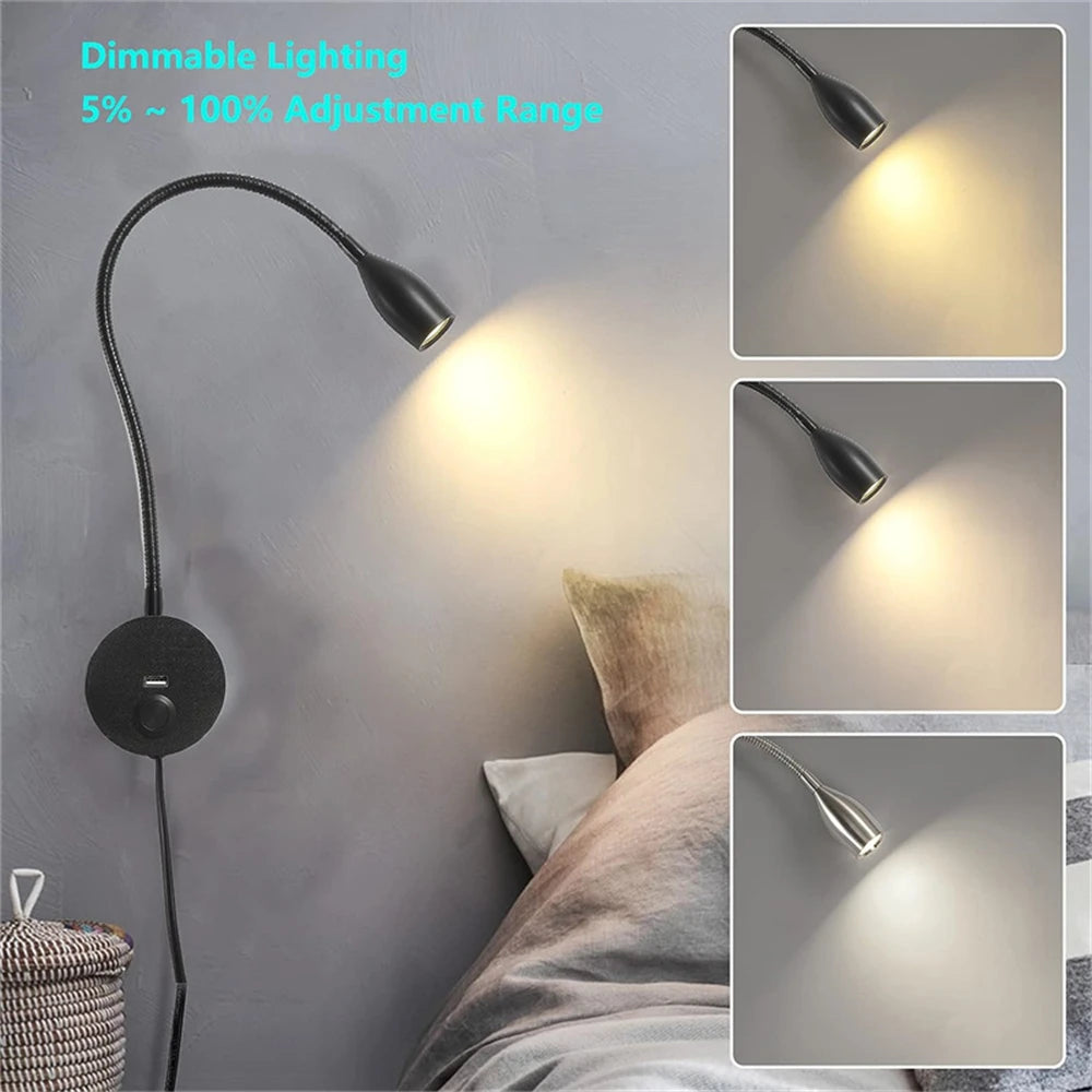 Tokili LED Golden Wall Lamp w/ USB Charger & Touch Dimmer - Bendable Gooseneck Bed Headboard Spotlight Sconce for Reading Lights