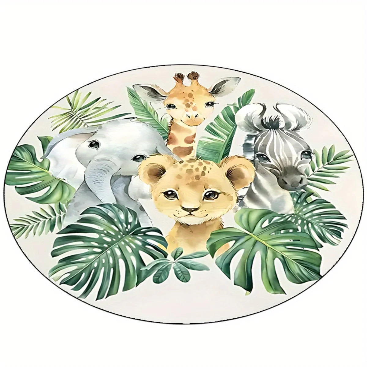 1 cartoon green leaf jungle animal print pattern round rug, polyester fabric, machine washable, suitable for bedroom living room