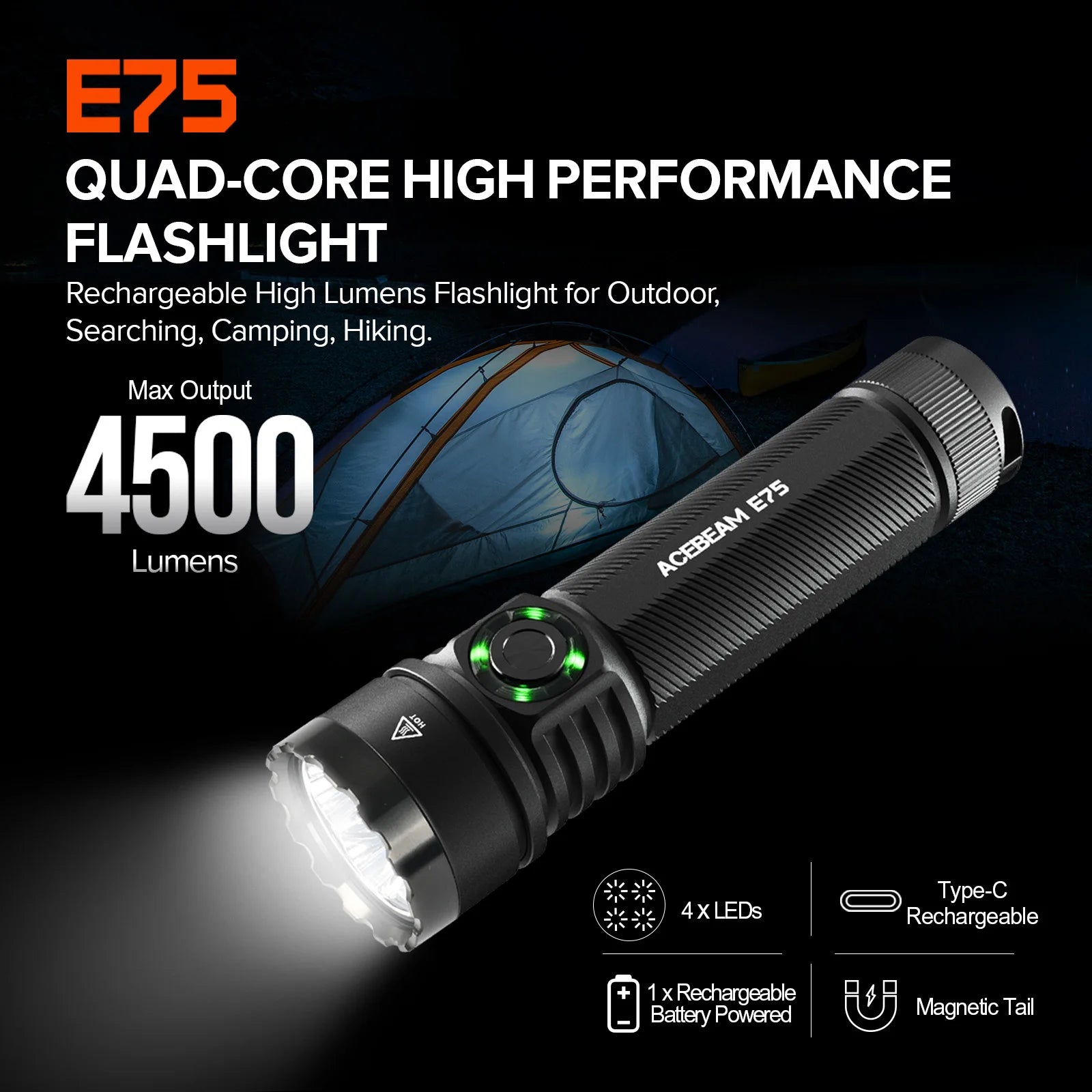 ACEBEAM E75 Quad-Core LED Flashlight USB C Rechargeable Torch With 21700 Battery 4500LM 260M Flashlights Powerful Defense Strobe