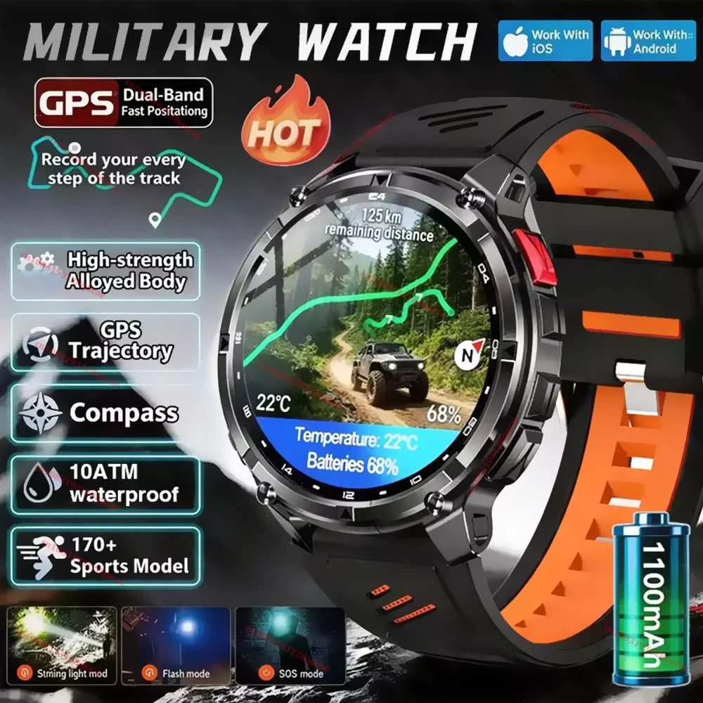 2026 New Military 1100mAh Big Battery Outdoor Smart Watch Men GPS Path Compass 10ATM Waterproof Calls AMOLED HD Sport Smartwatch