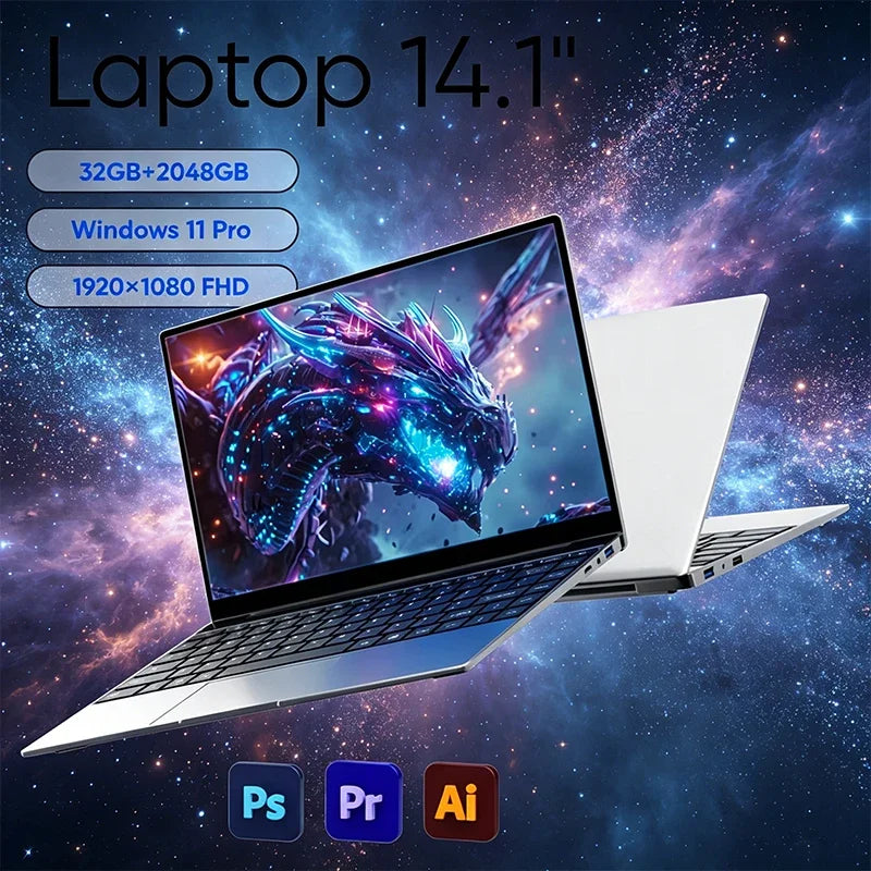 2026 New 14.1 Inch Ultra Thin Laptop Intel N3700 Win11 16GB DDR4 2TB SSD Portable Business Notebook PC