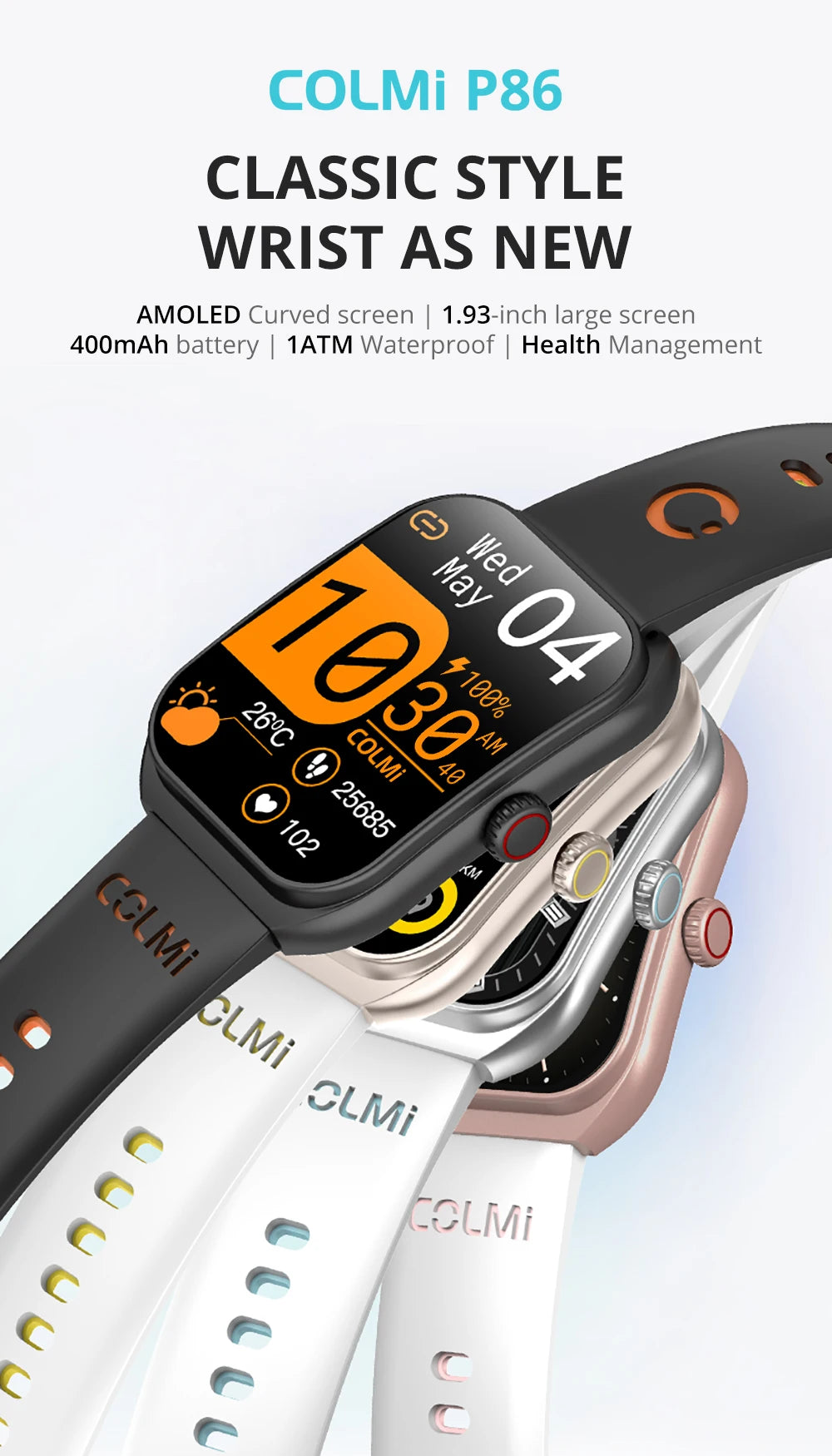 New COLMI P86 1.93" AMOLED Smartwatch Men Health Manager Bluetooth Call IP68 Waterproof Smart Watch Women For Xiaomi iOS Phone