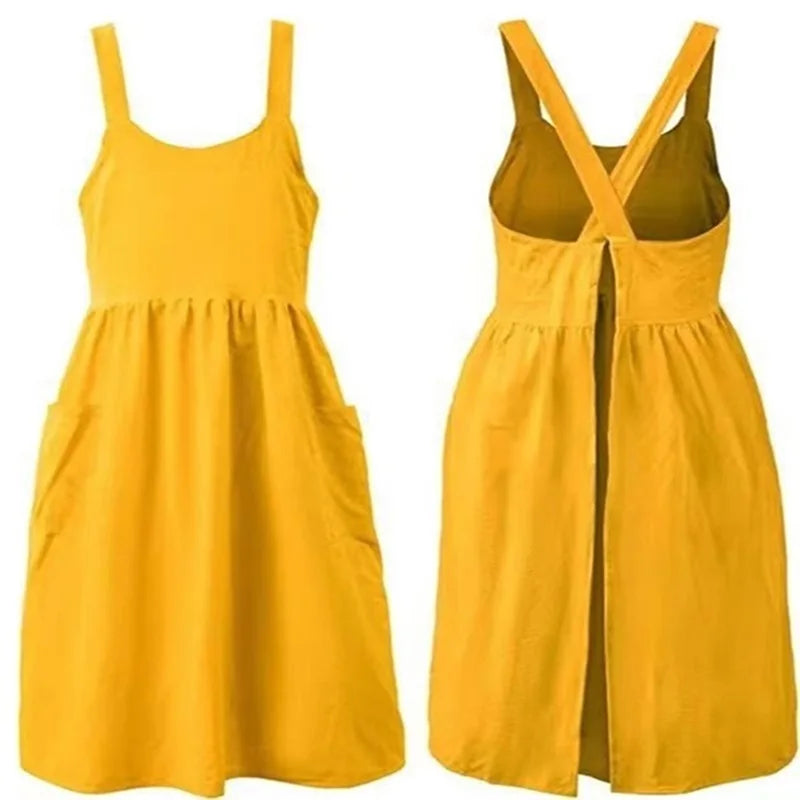 Cotton Linen Cross Back Apron for Women with Pockets - Breathable Chef Work Bib Apron for Kitchen Cooking & Gardening
