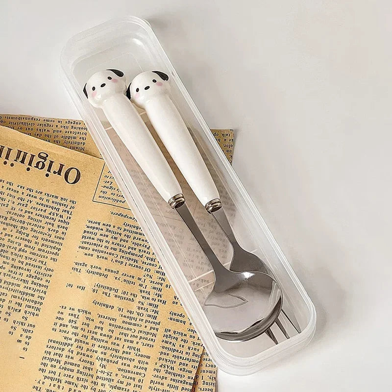 Children Cartoon Animals Cutlery Stainless Steel Spoon Fork Set Portable Outdoor Lunch Tableware with Box Kitchen Accessories