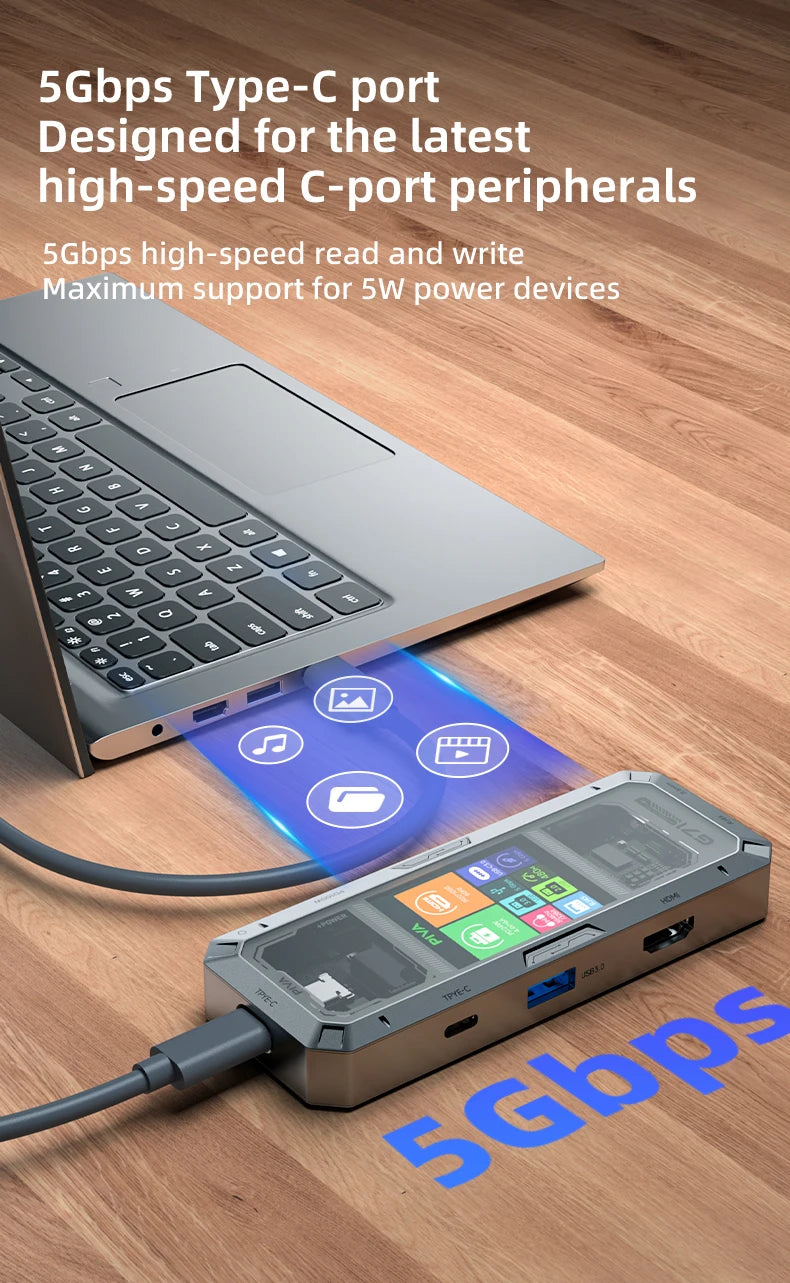 PIVA G71 7 in 1 Aluminum Alloy Office Docking Station Smart Screen Display Type-C to HDMI2.0 USB3.0 HUB PD100W Adapter