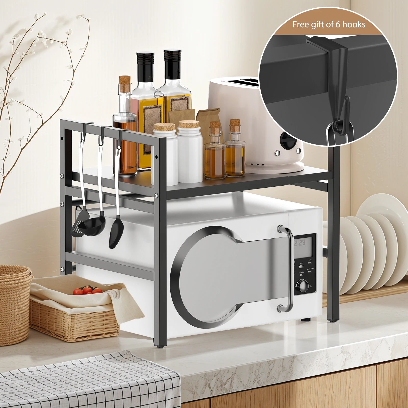 Expandable Microwave Rack, 2 Tier Microwave Rack with 6 Hooks, Microwave Rack, Baking Rack, Kitchen Countertop Organiser