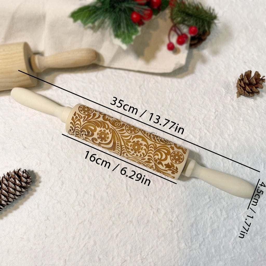 Wooden Rolling Pin for Christmas, 3D DIY Engraved Embossing Rolling Pins with Xmas Reindeer Flower Pattern, for Baking Cookies
