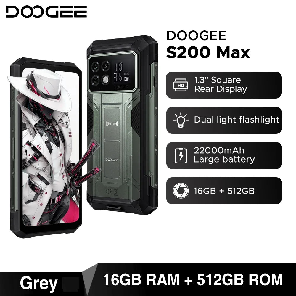 DOOGEE S200 Max 5G Rugged Phone 1.32" Rear Display Dual light Flashlight 16GB 512GB 22000mAh  6.72'' 120Hz Screen Smartphone NFC