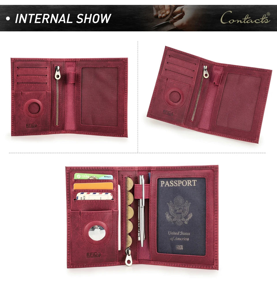 CONTACT'S Genuine Leather Passport Wallet Card Holder Coin Purse AirTag Slot Men Travel Wallet Women‘s Purse Passport Cover Bag