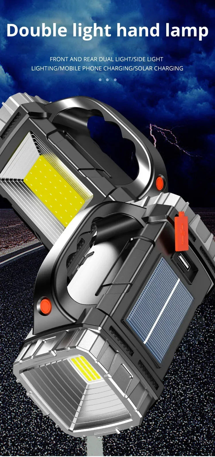 2024 Powerful LED Flashlight USB+Solar Rechargeable Flashlight COB Outdoor Camping Torch Portable Searchlight Power Bank Outdoor