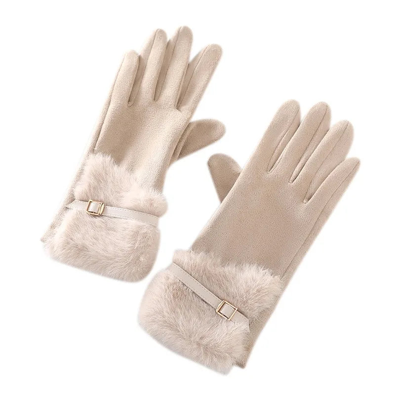 Women's Winter Gloves with Fleece Lining, Warm, Windproof, Cold-Resistant, Plush Decoration, Touchscreen Compatible, Suitable fo